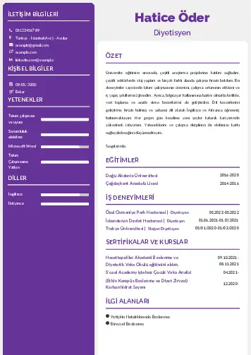 Beslenme Uzmanı Diyetisyen CV Örnekleri cv indir